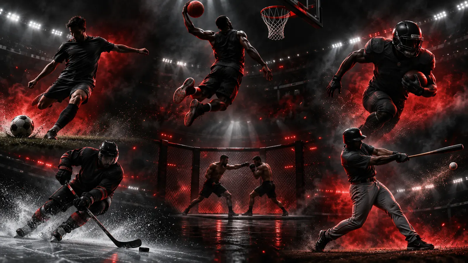 Dark sports montage with red lighting: football, basketball, American football, ice hockey, baseball and a cage fight, with anonymous athletes and no league or team logos.
