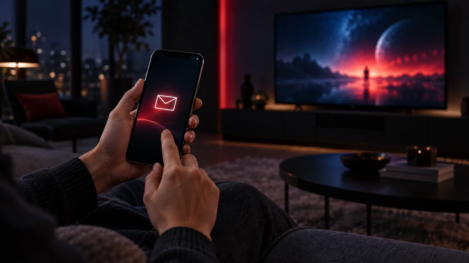 Mains tenant un smartphone affichant une notification d’e-mail devant un téléviseur